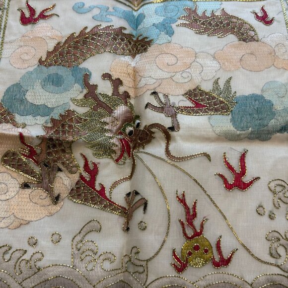 Asian-Inspired Embroidered Dragon Silk Pillow Cover With Blue Ruffled Edges - Picture 8 of 9